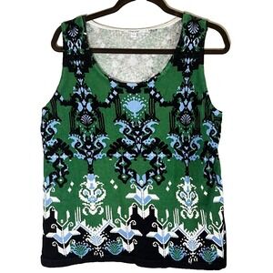 Colorful Floral‎ Linen Knit Sweater Top L Green Classic Preppy Heritage Resort